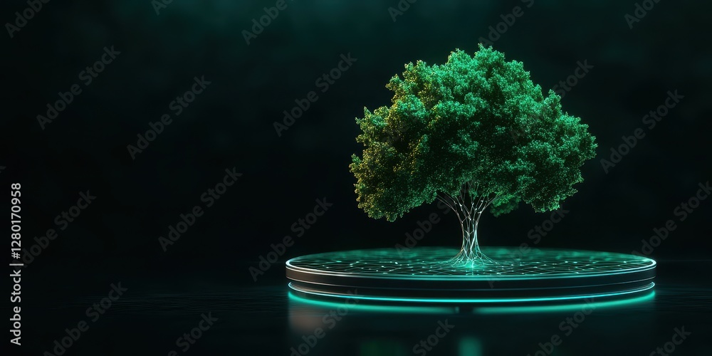 Poster a glowing green tree stands on a circular base, set against a dark background, symbolizing nature an
