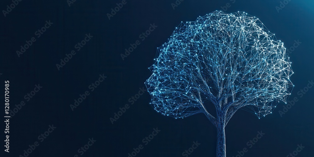 Poster a solitary tree stands against a dark background, its branches shimmering in blue light, creating a 