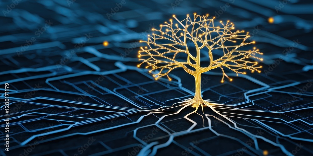 Poster A glowing tree is depicted on a digital circuit board, symbolizing the fusion of nature and technology.