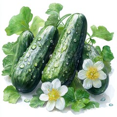 Fresh Cucumbers with Dew Drops and Flowers