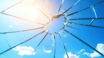 A shattered glass pane with realistic transparent shards and cracks radiating from the center.