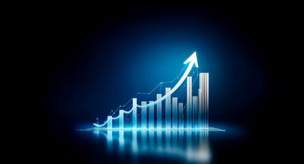 Illuminated blue graph with arrow pointing upwards against a dark backdrop, suggesting positive direction and growth.