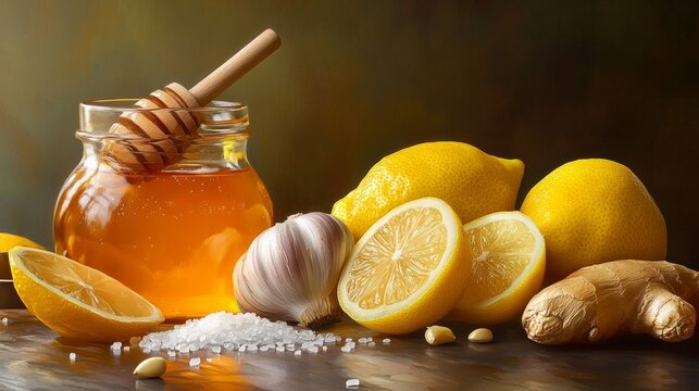 Fresh lemons and honey with garlic and ginger on rustic table