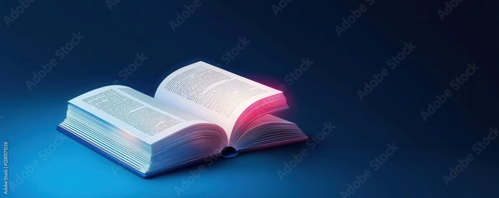 Poster an open book illuminated with soft blue and pink lighting against a dark background, highlighting it