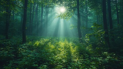 Obraz premium Serene sunlit forest with lush green undergrowth, peaceful woodland landscape