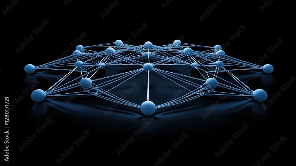 Poster A geometric structure of interconnected blue nodes and lines, representing a network or digital connectivity against a black background.