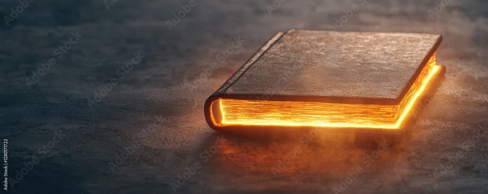 Poster a glowing book rests on a textured surface, emanating warm light, suggesting mystery and knowledge.