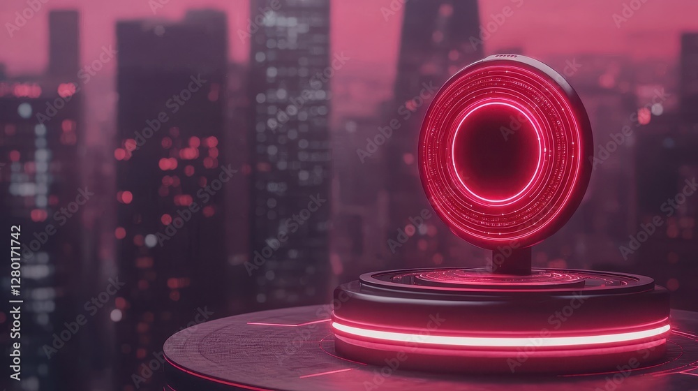 Poster a futuristic, glowing red device stands on a platform against a backdrop of a neon-lit city skyline,