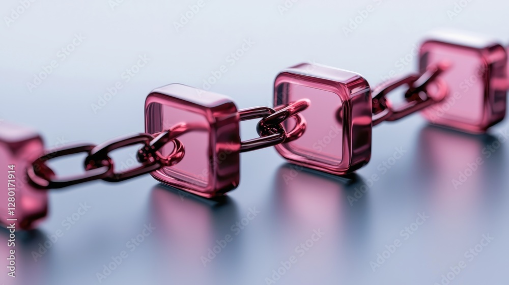 Poster a close-up of a vibrant pink chain link with square links, showcasing a modern, artistic design agai