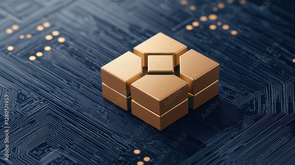 Poster A close-up of golden geometric shapes on a dark circuit-patterned background, symbolizing technology and innovation.