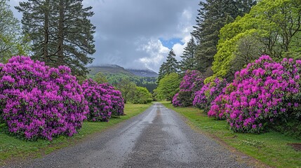 Serene Garden Path with Blooming Rhododendrons and Mountain View