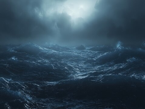 Dark ocean storm with lighting and waves at night landscape - Powered by Adobe