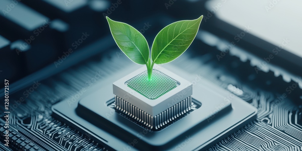 Poster a computer chip features a small plant growing from it, symbolizing the fusion of technology and nat