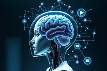 A futuristic robotic brain encased in transparent glass, surrounded by floating AI-generated holographic data and machine learning processes