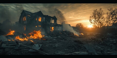 Burning House Ruins at Sunset