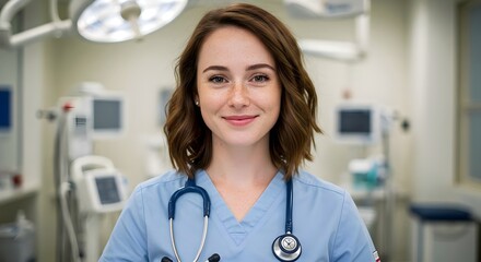 Happy young woman, smile,doctor in uniform, hospital, background 
