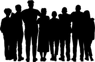 silhouette vector image of a group of people standing closely together, symbolizing friendship, unity, and teamwork, with black outlines representing human figures in a cohesive formation.