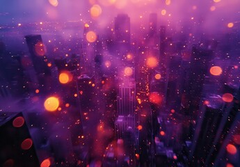 Fototapeta premium Mystical Cityscape with Bokeh Lights and Fog Creating an Enchanting Urban Atmosphere at Night Overlooking a Glittering Skyline