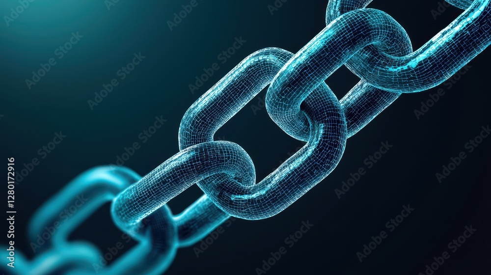 Poster a close-up view of a digital chain link, showcasing its intricate details and glowing blue hue again