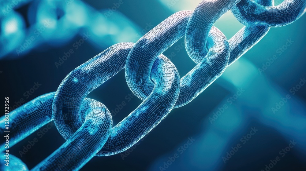 Poster A close-up view of shiny, interlinked chains against a blue background, highlighting texture and reflections.