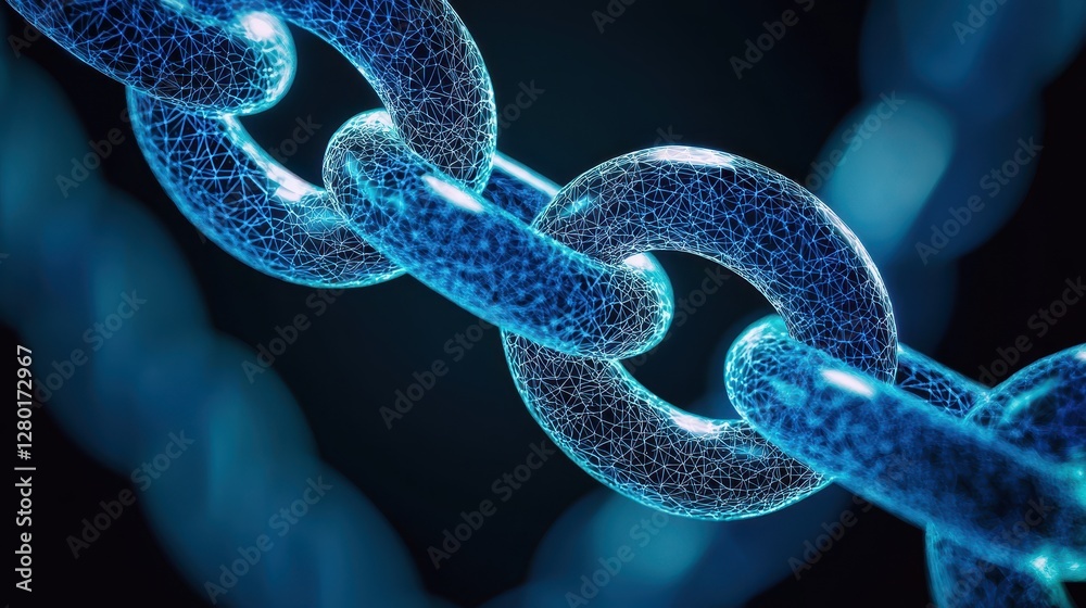 Poster a close-up of a glowing blue chain link, emphasizing its interconnectedness and digital textures aga