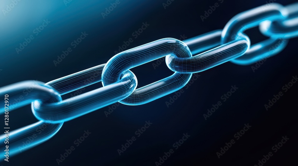 Poster a close-up view of a metallic chain link, showcasing its texture and shine against a dark background