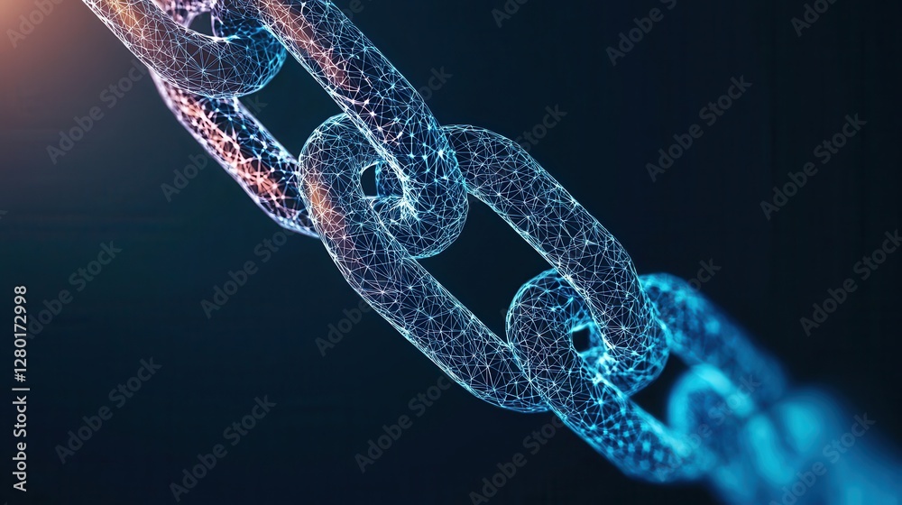 Poster a digital representation of an interconnected chain, shimmering in blue, symbolizing connectivity an