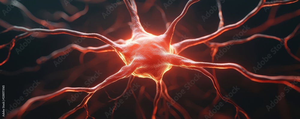 Fototapete A close-up view of a neuron showcasing its intricate structure and glowing connections, representing the complexity of the nervous system.