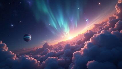 Cosmic Aurora Over Clouds with Planet and Rising Sun in Deep Space