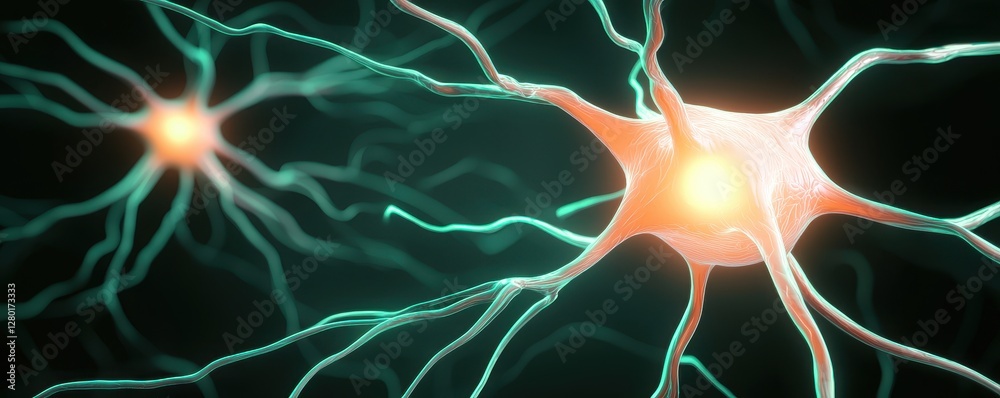 Poster a vibrant depiction of neurons with glowing synapses, illustrating the intricate connections in the 