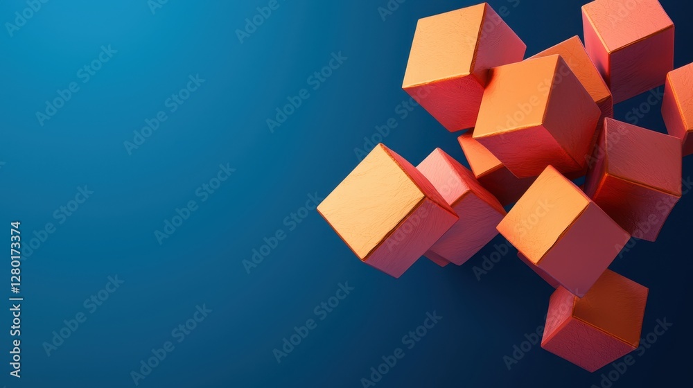 Poster A cluster of vibrant orange cubes dynamically arranged against a smooth blue background, creating a modern and abstract visual effect.
