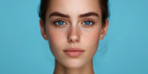 A close-up portrait of a young woman with striking blue eyes, fair skin, and natural makeup against a solid light blue background.