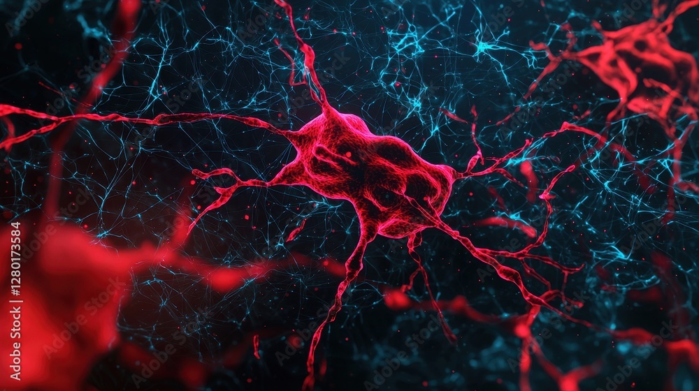 Poster A vibrant close-up of neurons, showcasing intricate red and blue connections that highlight the complexity of neural networks.