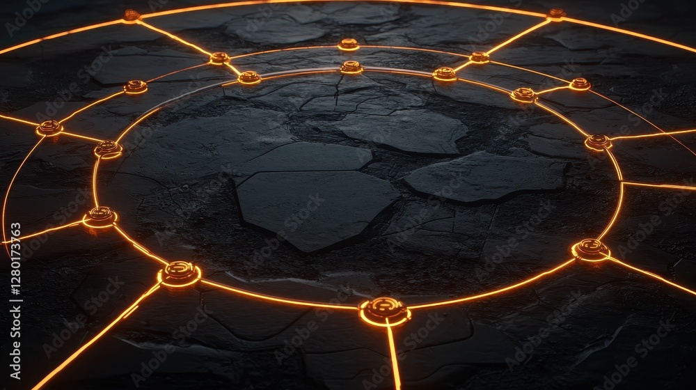 Aufkleber a dark, mystical circular pattern with glowing orange lines connecting nodes on a textured surface, 