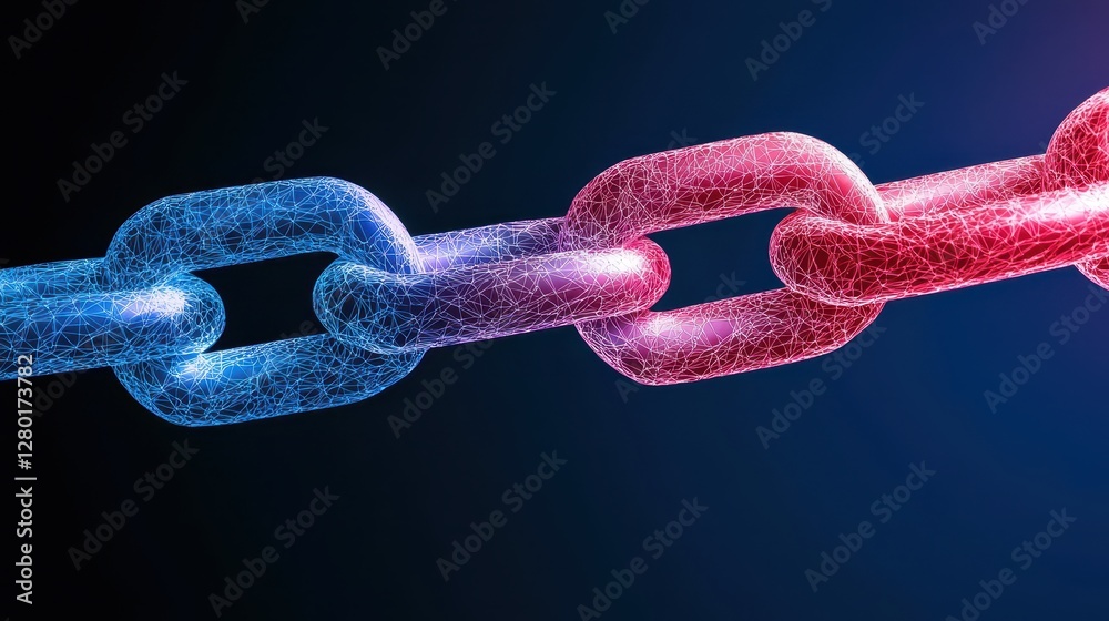 Poster A close-up view of interlinked chains in blue and red, symbolizing connection and security against a dark background.
