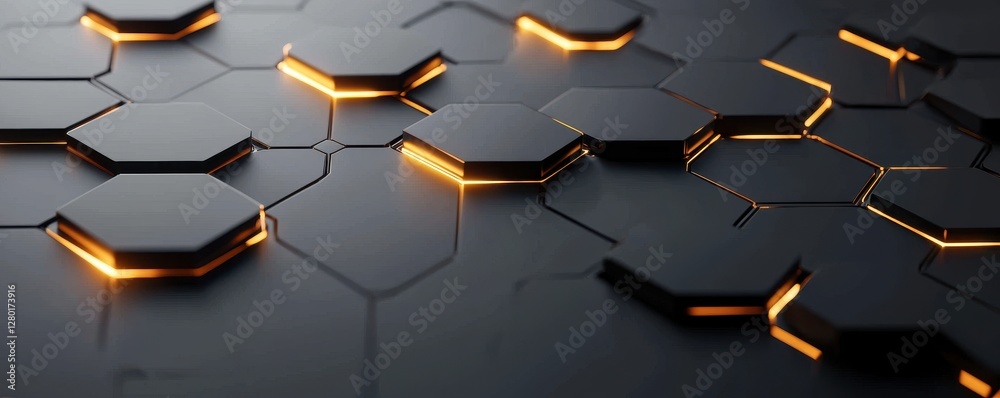 Poster A sleek, abstract background featuring interlocking hexagonal shapes with glowing edges, creating a modern, futuristic aesthetic.