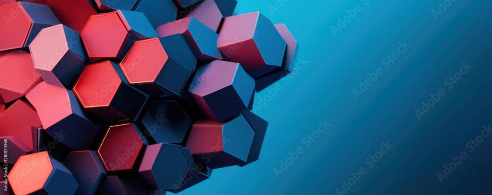 Poster Abstract geometric design featuring hexagonal shapes in vibrant red and blue tones against a smooth gradient background.