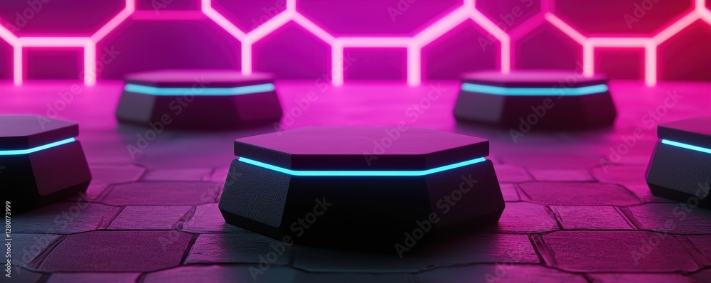 Poster a futuristic scene featuring hexagonal platforms illuminated by vibrant pink and blue neon lights, c
