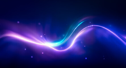 Obraz premium A vibrant, glowing wave of blue and purple light elegantly flows across a dark backdrop, creating a dynamic and abstract design with sparkling highlights.