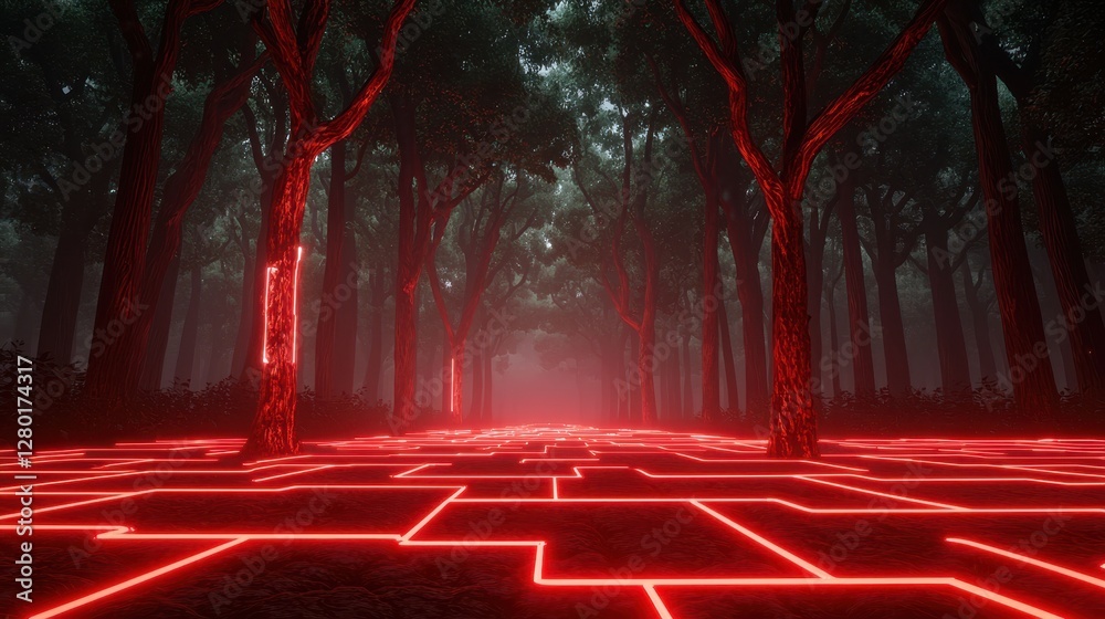 Poster A mystical forest pathway illuminated by striking red lights, creating a surreal and futuristic atmosphere amidst dense trees.