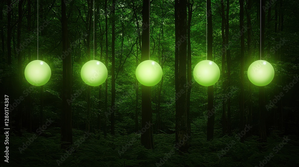 Poster five glowing green spheres hang in a dark forest, creating an enchanting and mysterious atmosphere a