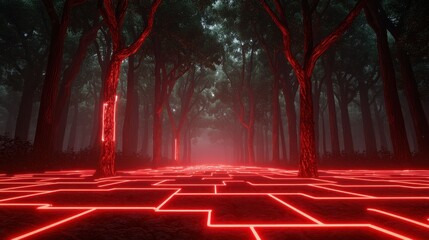 Naklejka premium A mystical forest pathway illuminated by striking red lights, creating a surreal and futuristic atmosphere amidst dense trees.