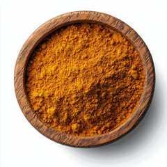 Wooden bowl filled with vibrant turmeric powder on white background