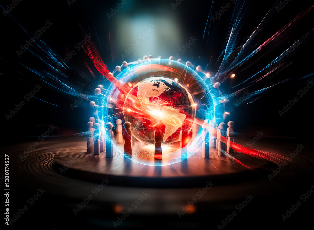 Leinwandbilder Wooden figures encircle a globe on a platform, bathed in a bright, focused light. A symbolic representation of global unity and connection.