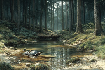 Two turtles are in a stream in a forest