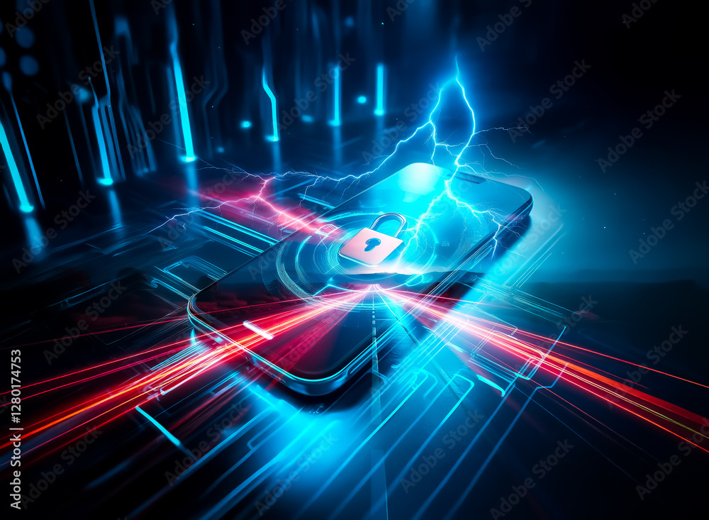 Poster smartphone with a glowing padlock icon on screen, surrounded by illuminated lines, suggests digital 