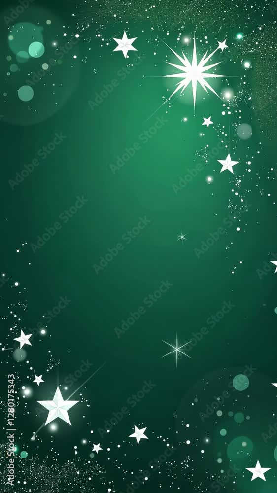 Poster A green background with a large star in the center and many smaller stars surrounding it. The stars are scattered throughout the background, creating a festive and lively atmosphere
