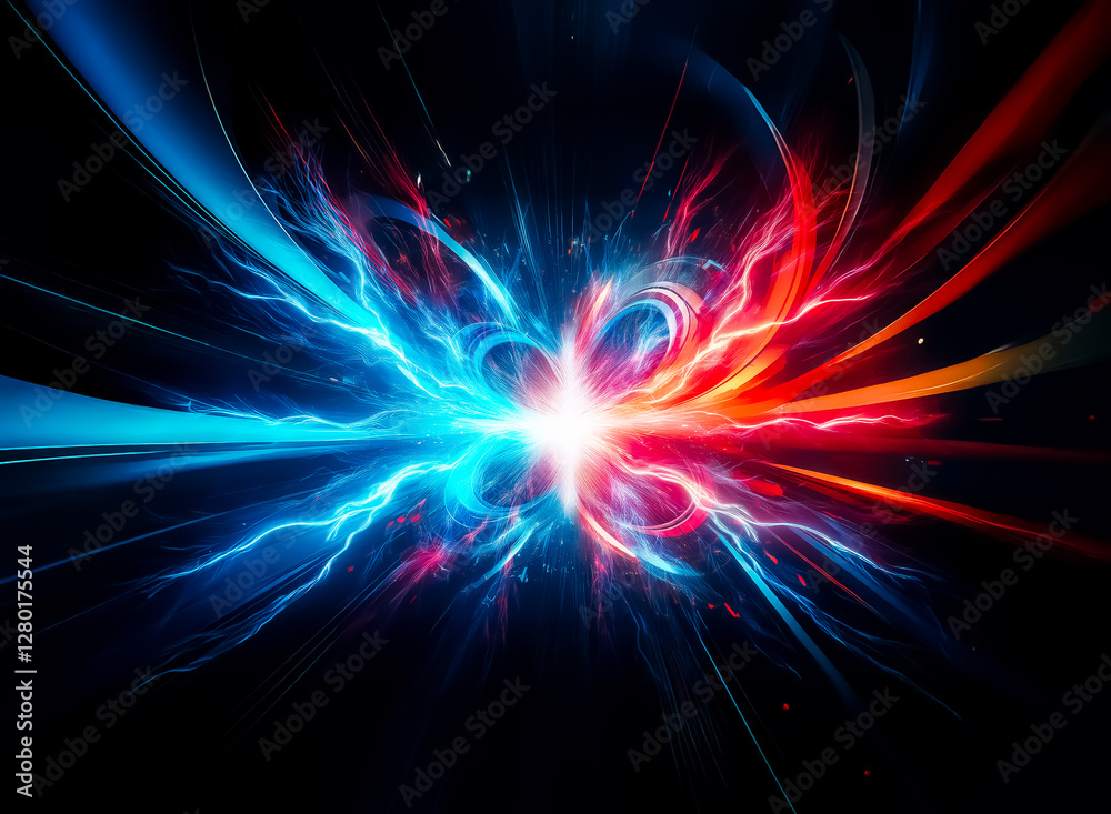Aufkleber Vibrant energy bursts forth in electric blue and fiery red branches from a central point of intense light against a stark black backdrop, creating a dynamic and symmetrical abstract design.