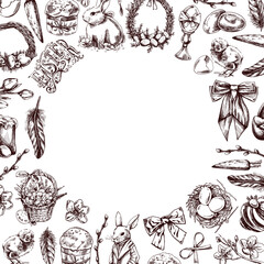 Vintage hand-drawn Easter frame with festive elements in monochrome