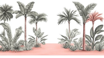 Tropical paradise botanical vintage illustration with palm trees and lush plants for fabric designs and summer vacation themes
